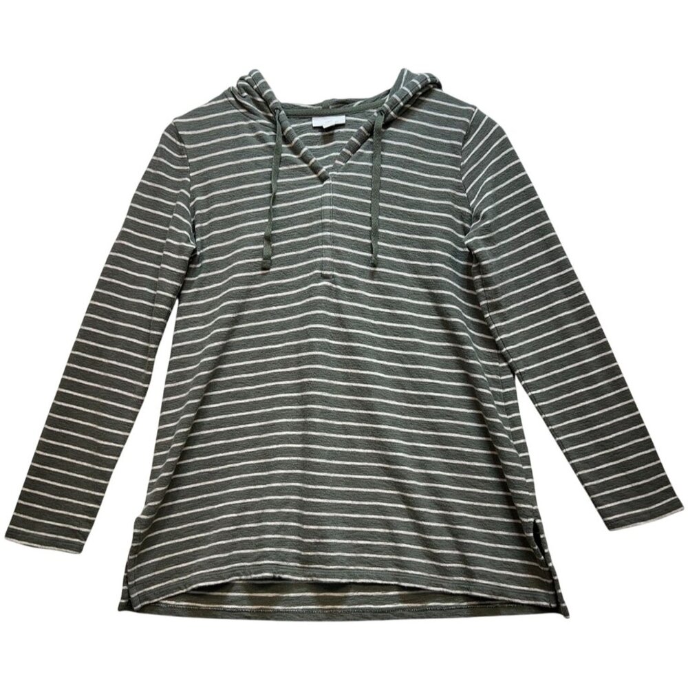 J.Jill Women's Terry Knit Tunic Hoodie Long Sleeve Size XS Green White Stripe
